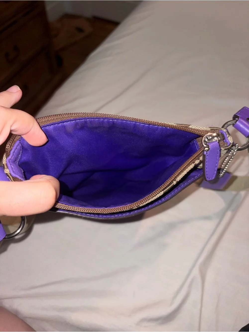 Coach Tan Signature Crossbody with Purple Leather Trim